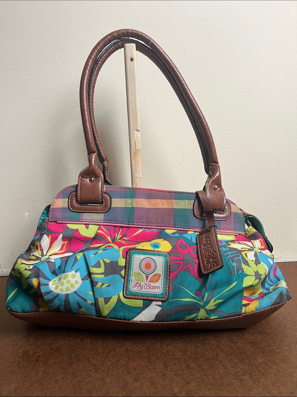 Lily Bloom Teal Multicolor Floral Shoulder Bag with Brown Trim